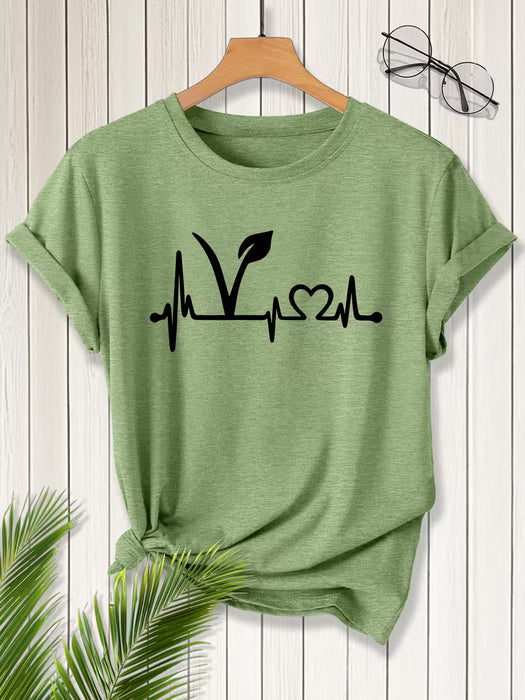 Camiseta de manga corta y cuello redondo para mujer con estampado vegetariano de latido de corazón