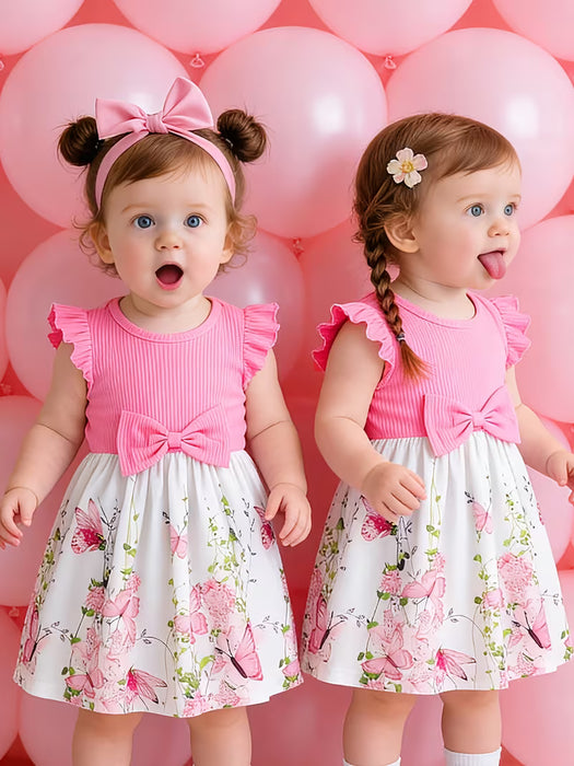 Vestido de verano para niña, mangas con volantes y adorno de lazo en la cintura