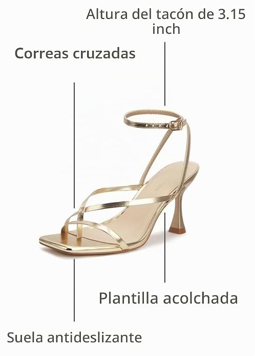 LOOPCHARM Sandalias de tacón con tiras para mujer con punta cuadrada, correa de tobillo