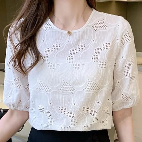 Camisa de verano para mujer, blanca de gasa de manga corta