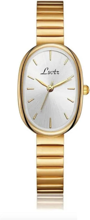 Reloj Ovalado para Mujer, Diseño Elegante Dorado, Correa Metálica Ajustable.