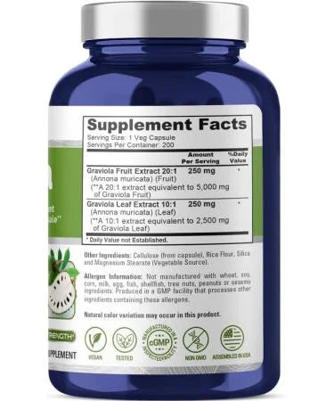 NusaPure Graviola 7500 mg Equivalente por cápsula 200 Extracto vegetal sin OMG 20:1
