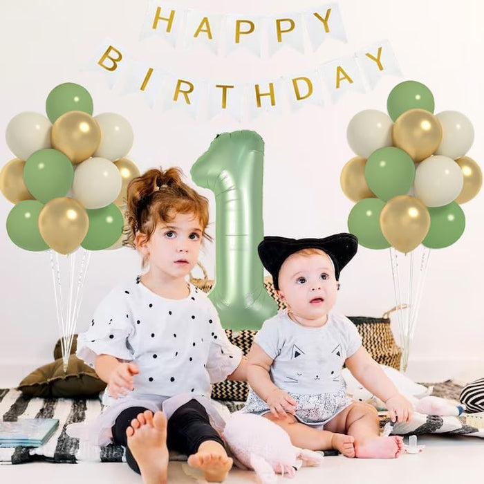 Decoración de Primer año Verde Salvia Para Niños, Verde Oliva Y Cartel De Feliz Cumpleaños