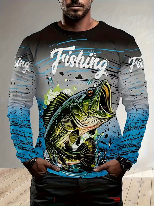 Camiseta Casual de Manga Larga para Hombre con Estampado Gráfico de Pesca