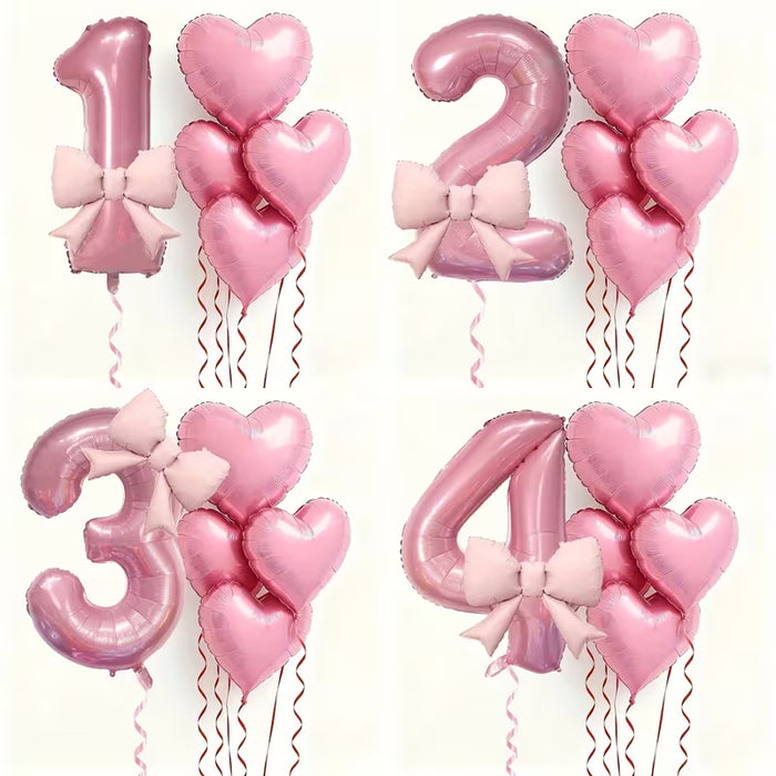 Juego de 6 globos de fiesta rosas con lazo y número con globos de corazón para fiesta de cumpleaños