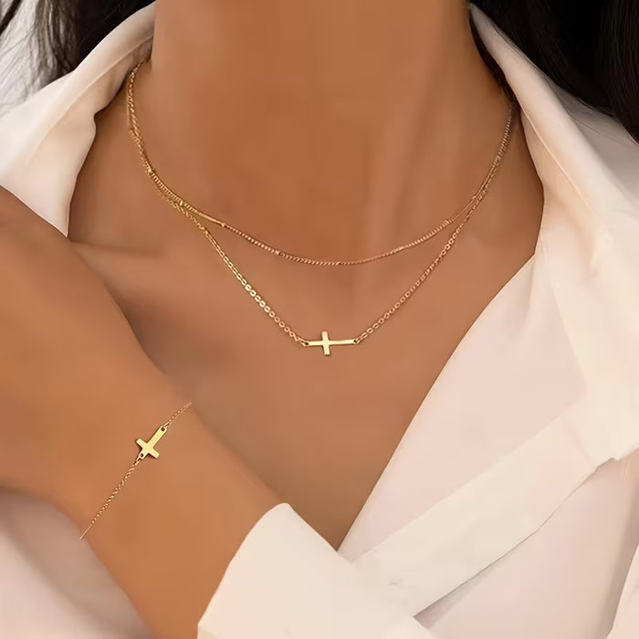 3 Piezas de Conjunto de Collar y Pulsera de Cruz Simple