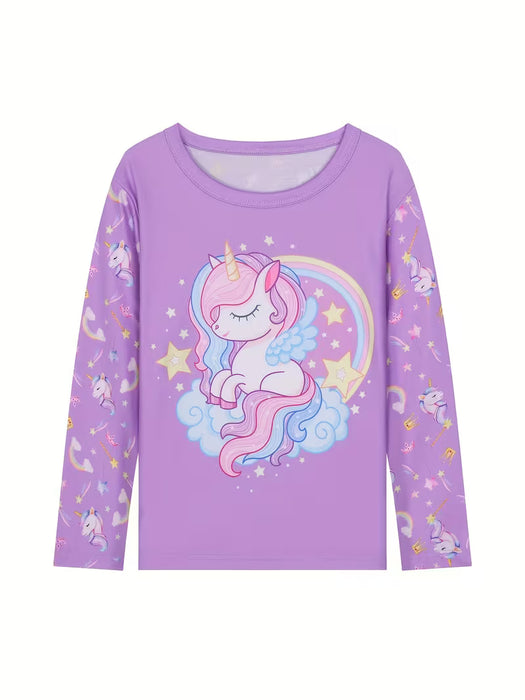 Conjunto de camiseta manga larga y pantalón largo para niña con unicornio arcoíris