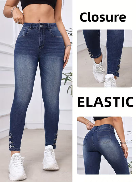 Pantalones de skinny mezclilla ajustados con botón en la parte inferior