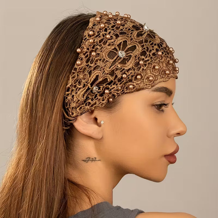 Diadema con Encaje y Perlas Artificiales | Banda Elástica para el Cabello, Accesorio de Cabello