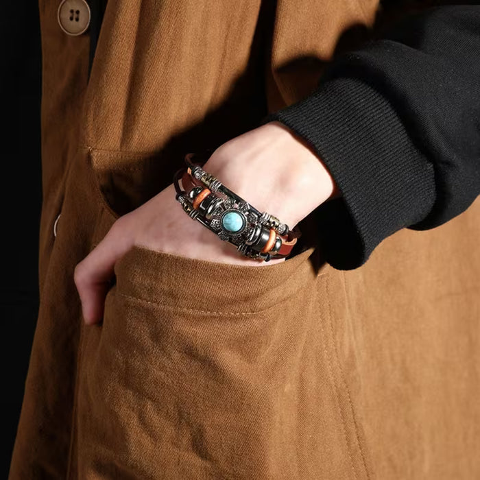 Pulsera de cuero sintético con cuentas turquesa retro, pulsera de correa