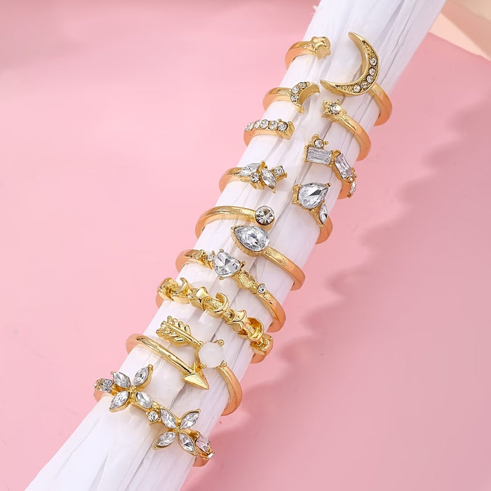 Conjunto de 9 anillos con forma de lágrima adornados con diamantes de imitación con estrellas y lunas