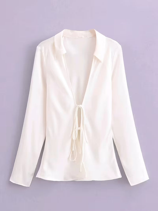 Blusa de satén de color liso, elegante blusa de manga larga con lazo frontal