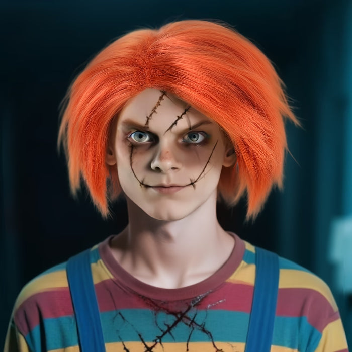 Peluca corta naranja sintética está diseñada para disfraz de chucky