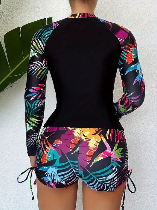 Top Tankini para Mujer con Mangas Largas y Pantalones de Pierna Plana con Cordón