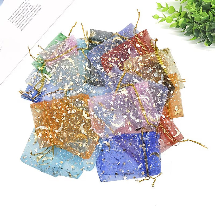 10pcs Bolsas de Organza Transparente con Cordón Estampado Luna y Estrellas