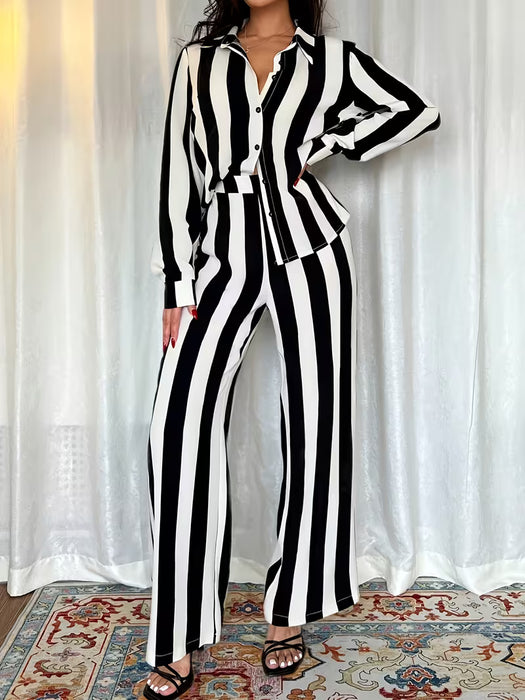 Conjunto Clásico de Rayas Verticales en Blanco y de 2 Piezas: Camisa + Pantalones