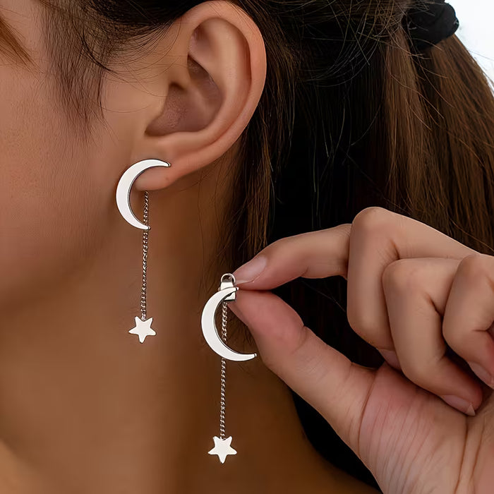 1 Par de Pendientes Exquisitos y Elegantes con Borlas de Estrella y Luna, Desmontables