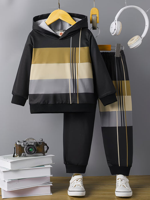 Conjunto casual de sudadera con capucha y pantalón deportivo para niño con estampado de rayas