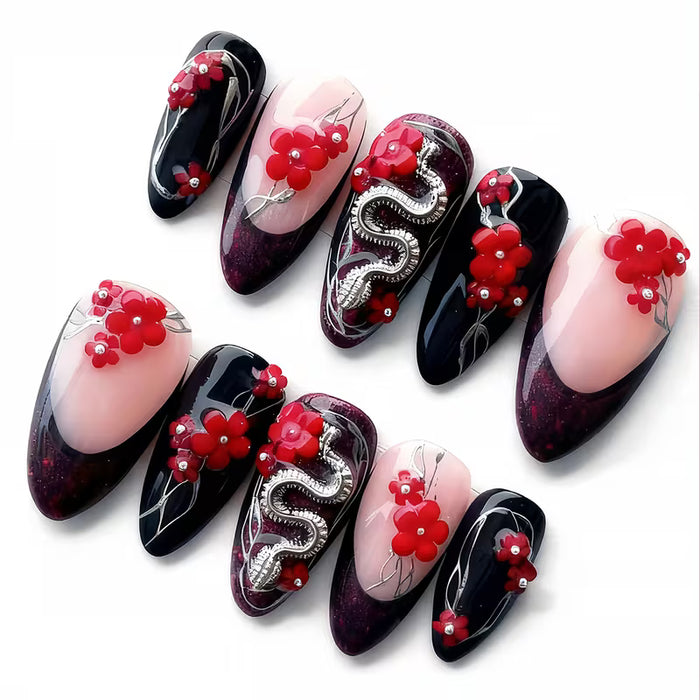 Shein 24 Uñas de Almendra, Elegantes y Premium 3D Plateadas con Pequeña Serpiente, Rosa Roja
