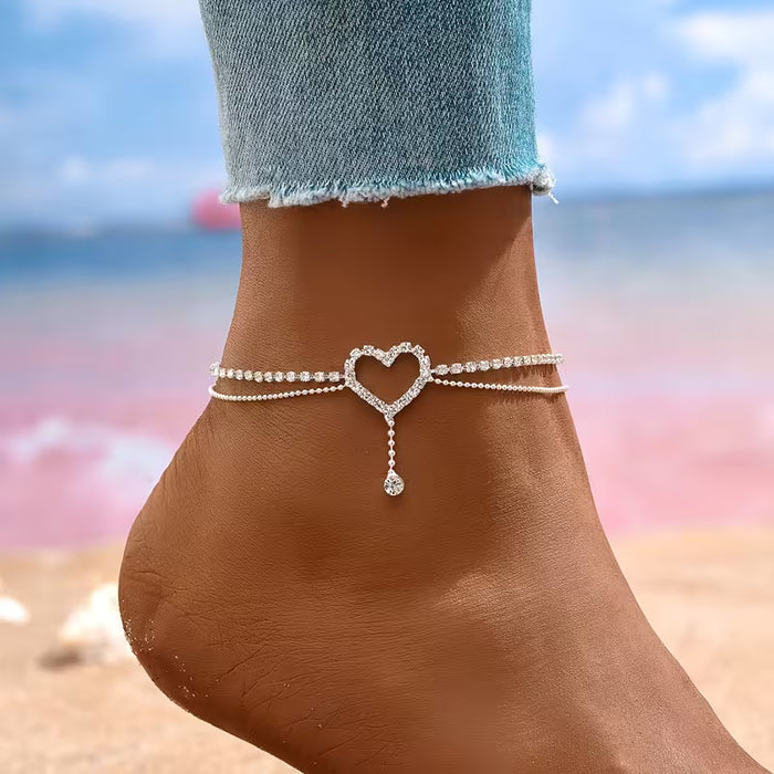 Tobillera de amor de doble capa elegante - de cuentas brillantes con encanto de corazón
