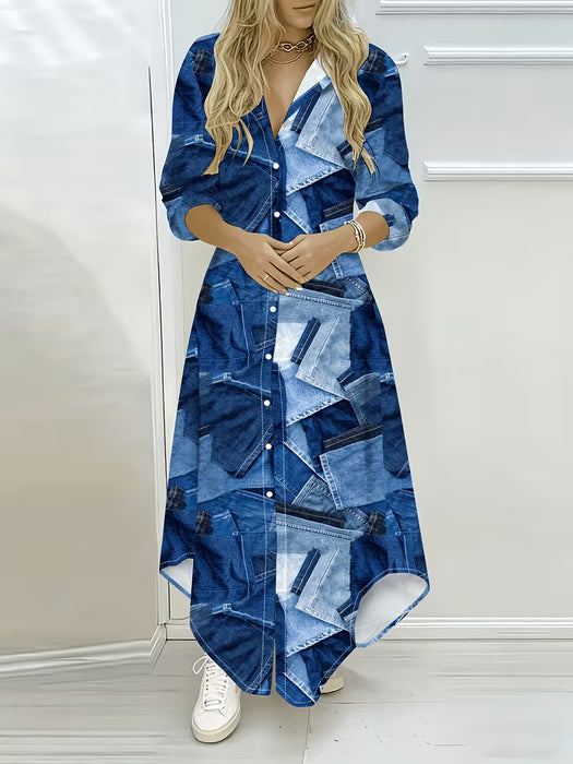 Vestido de manga larga con diseño estampado de patrón de mezclilla estilo vacacional