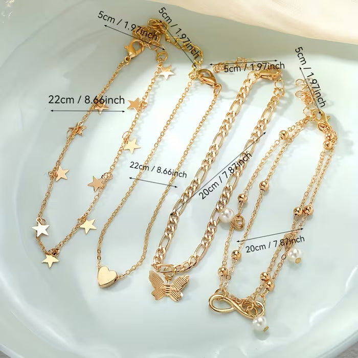 4 Piezas de Cadenas de Tobillo Apilables con Símbolo de Infinito y Cuentas de Mariposa