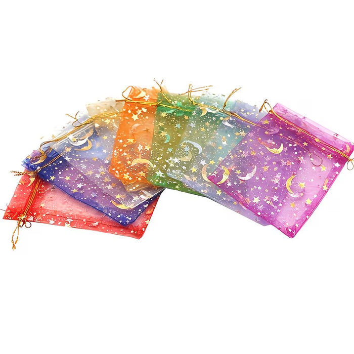 10pcs Bolsas de Organza Transparente con Cordón Estampado Luna y Estrellas