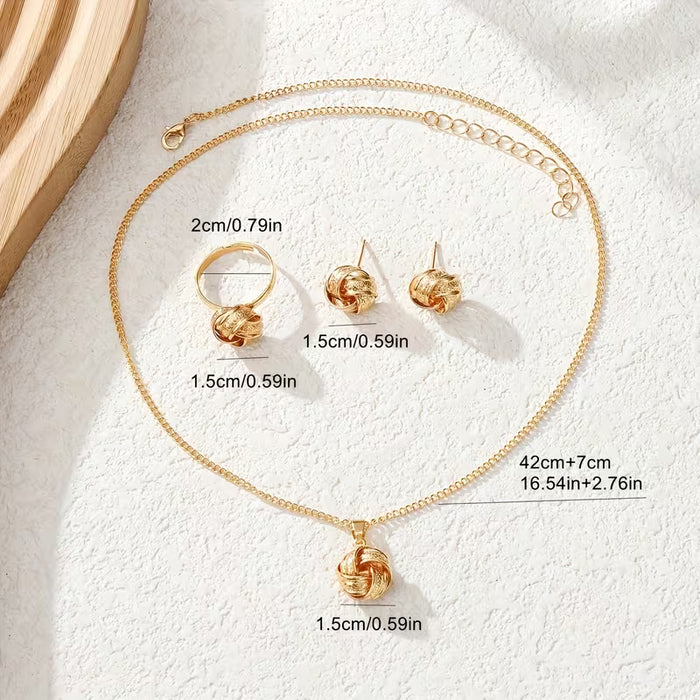 1 Collar + 1 Anillo + 1 Par de Pendientes, Conjunto de Joyería de Moda para Mujeres con Colgante y Anillos Trenzados en Metal Dorado