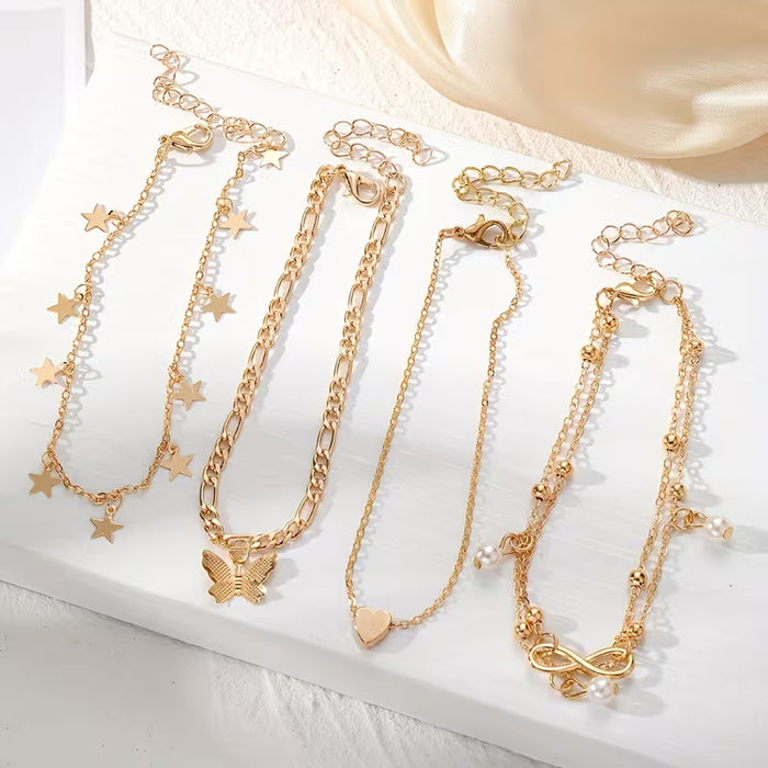 4 Piezas de Cadenas de Tobillo Apilables con Símbolo de Infinito y Cuentas de Mariposa