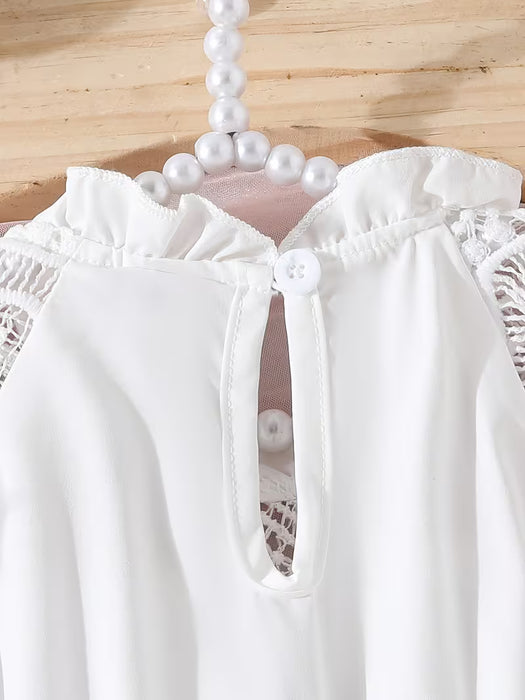 Vestido Tejido y Cuello de Encaje en Color Sólido con Cinturón para Niñas