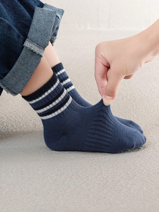 Shein 5 pares de calcetines cómodos de cintura alta con elástico, rayas grises y azules para niños