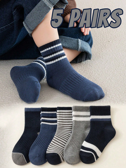 Shein 5 pares de calcetines cómodos de cintura alta con elástico, rayas grises y azules para niños