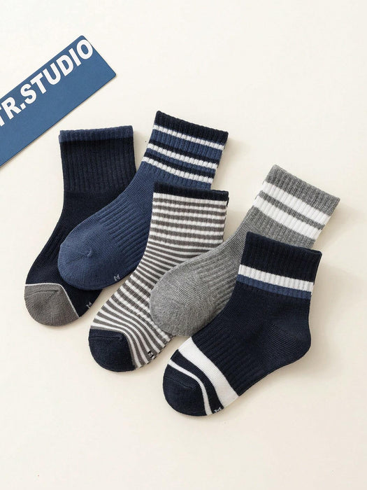 Shein 5 pares de calcetines cómodos de cintura alta con elástico, rayas grises y azules para niños