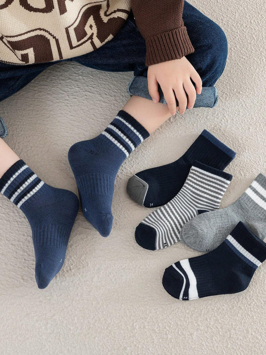 Shein 5 pares de calcetines cómodos de cintura alta con elástico, rayas grises y azules para niños