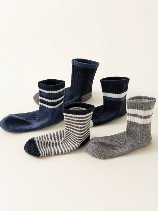Shein 5 pares de calcetines cómodos de cintura alta con elástico, rayas grises y azules para niños