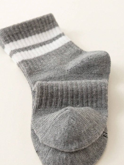 Shein 5 pares de calcetines cómodos de cintura alta con elástico, rayas grises y azules para niños