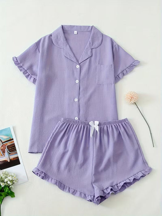 Conjunto de pijama para mujer con solapa y borde de hoja de loto, color liso