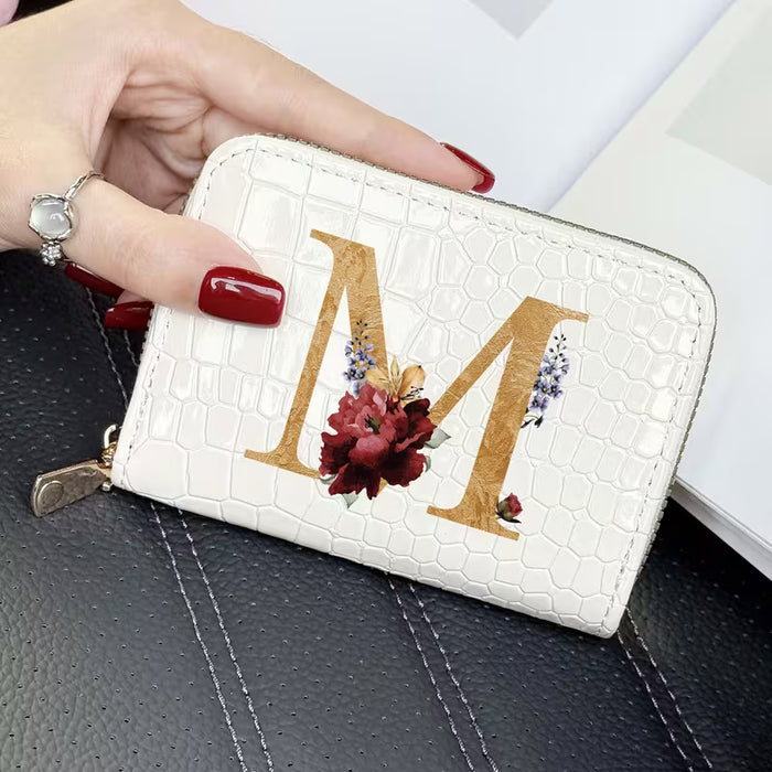 1pc Alfabeto Dorado A-Z con Diseño Floral, Elegante Billetera Corta para Mujer