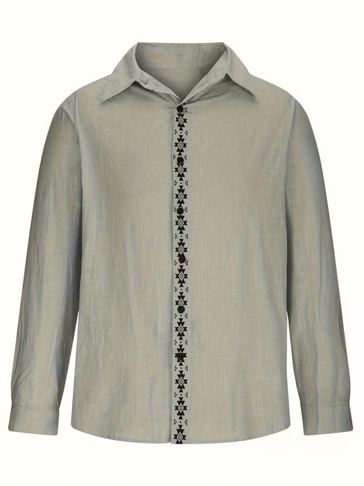 Camisa Cárdigan Casual de Solapa con Estampado de Lino de un Lado para Hombre