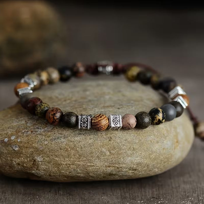 Pulsera ajustable artesanal con cuentas de piedra de patrón irregular de estilo vintage