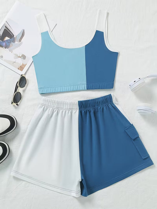 Conjunto de Chaleco y Shorts a Bloques de Color para Mujer Estilo Vacacional