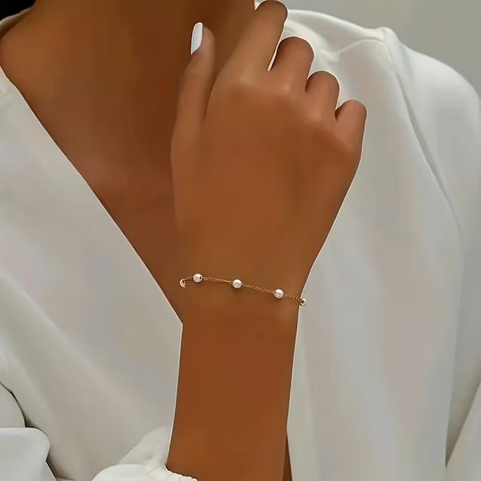 1 Pulsera de Cadena Fina con Mini Perlas Blancas de Imitación