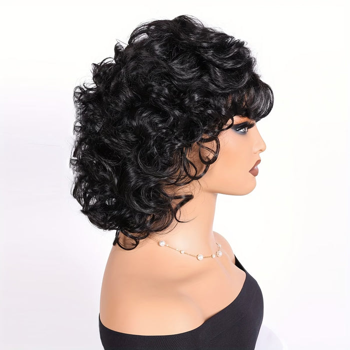 Peluca rizada corta de 8 pulgadas con flequillo lateral y cabello ondulado