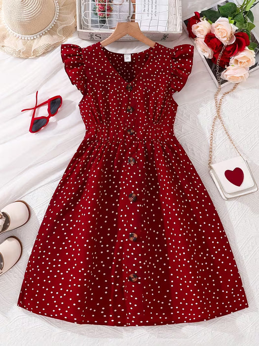 Vestido para niñas, rojo vino con lunares, con botones, manga volante pequeña, cuello en V