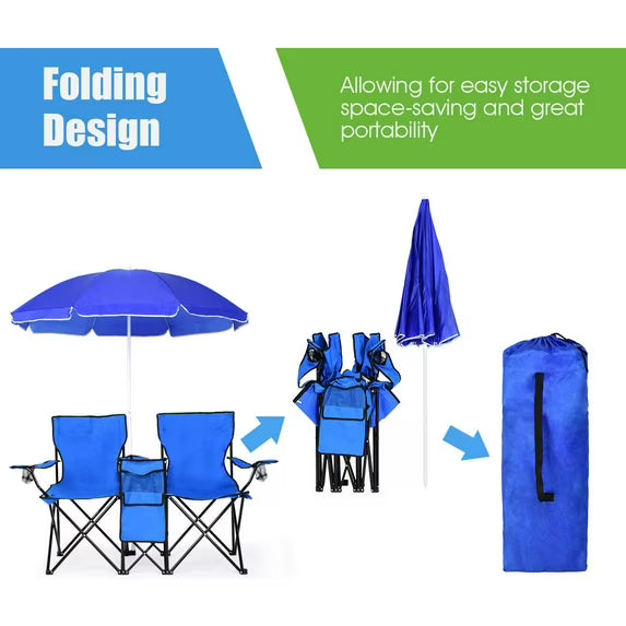 Silla doble de camping con sombrilla, plegables de dos plazas con toldo