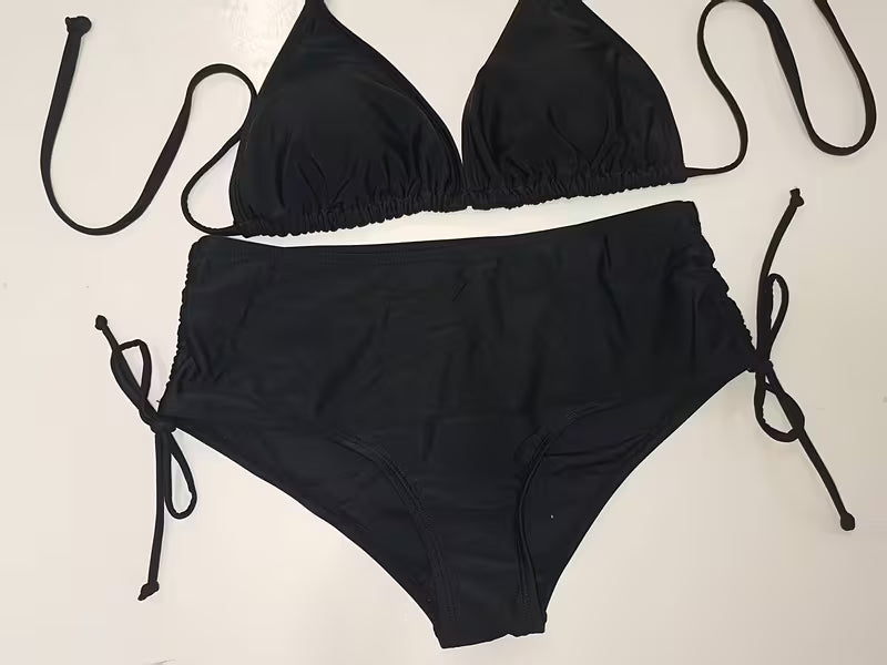 Conjunto de bikini de 2 piezas, Traje de baño sin espalda con tiras y cintura alta de mujer
