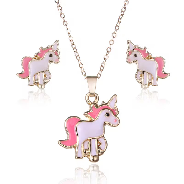 Juego de 2 piezas: Pendientes colgantes y collar de esmalte de lindo potro de unicornio rosa