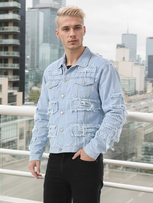Chaqueta Vaquera Rotos para Hombre Ajustada, Jean, Ropa Urbana Casual