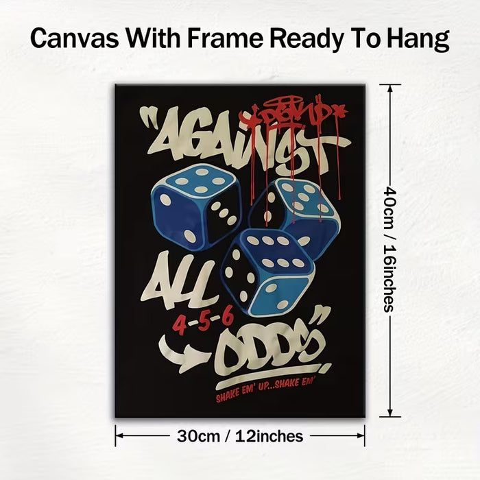 1 lámina moderna de arte decorativo en lienzo con marco - "Contra todo pronóstico" obra artística sobre dados 30X40cm