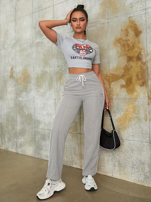 Pantalón de mujer de cintura alta con cordón, estilo recto, estampado de letras.